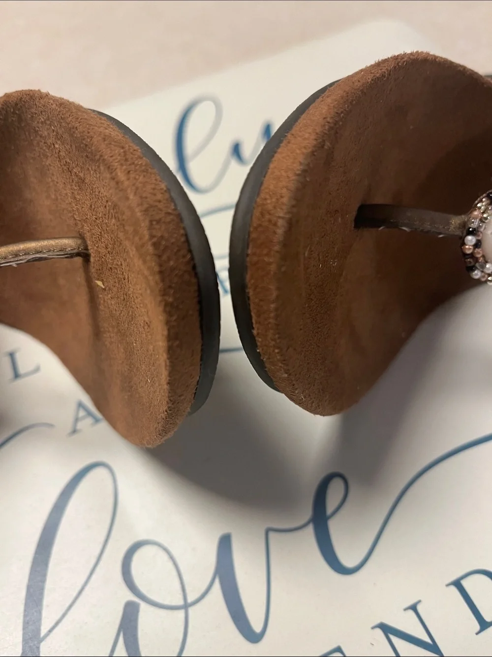 White Mountain Brown Beaded Thong Sandals with White Stone Accents